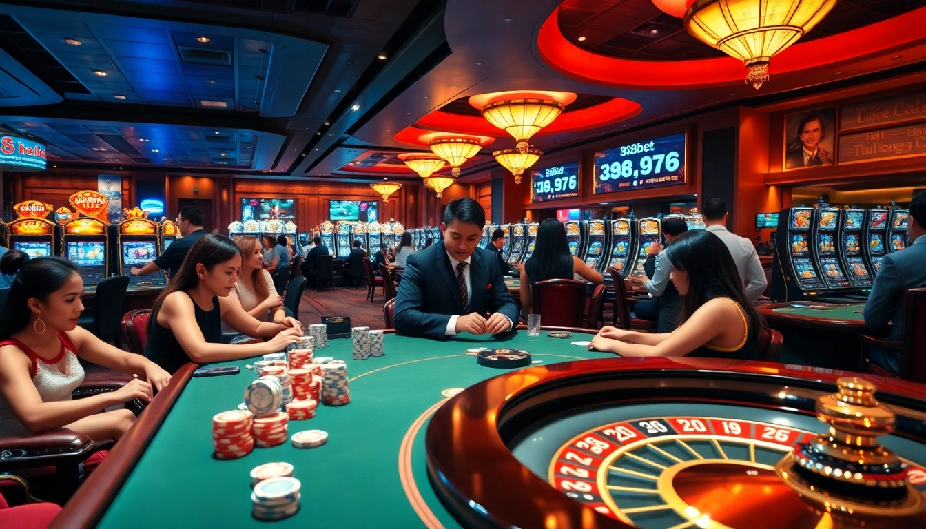 Experience the excitement of 388bet in a vibrant casino filled with poker tables and slot machines.