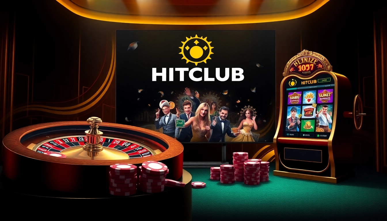 Exciting online casino interface featuring HITCLUB logo, poker chips, and slot machines.