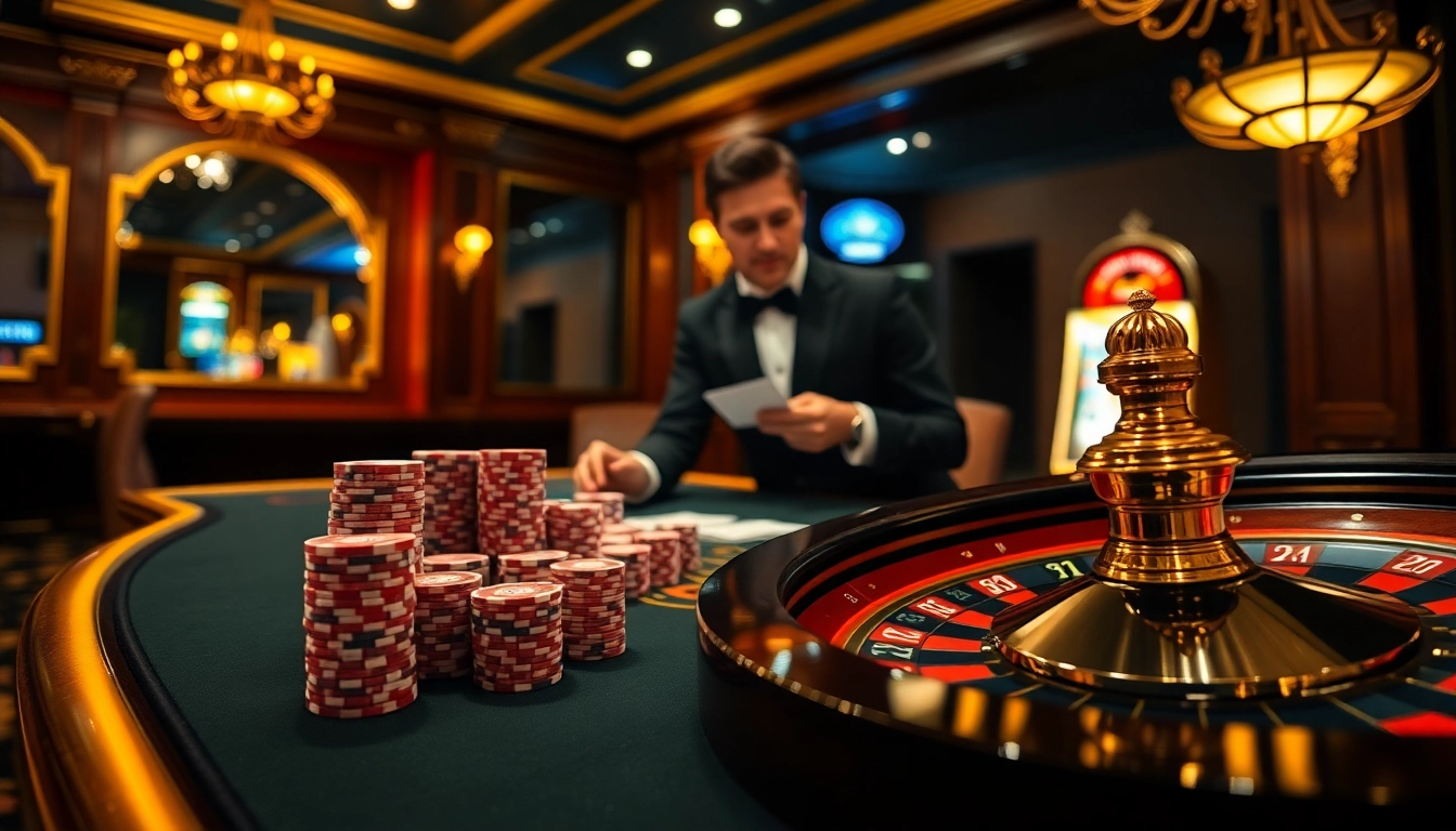 Players engaging with a stylish poker table at 88vv casino, showcasing high-stacked chips and cards.