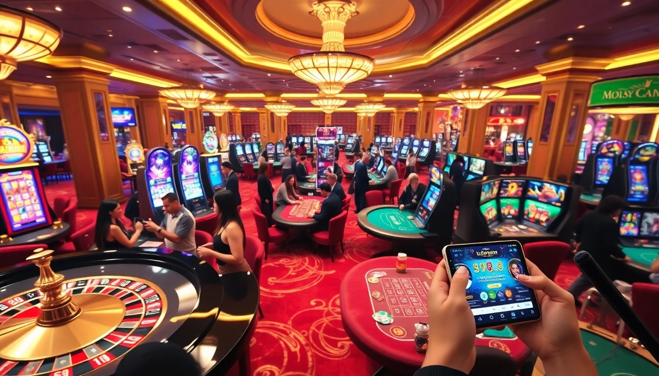 Players engaging in thrilling games at a casino, featuring luckywin 9 com đăng nhập on mobile screens.