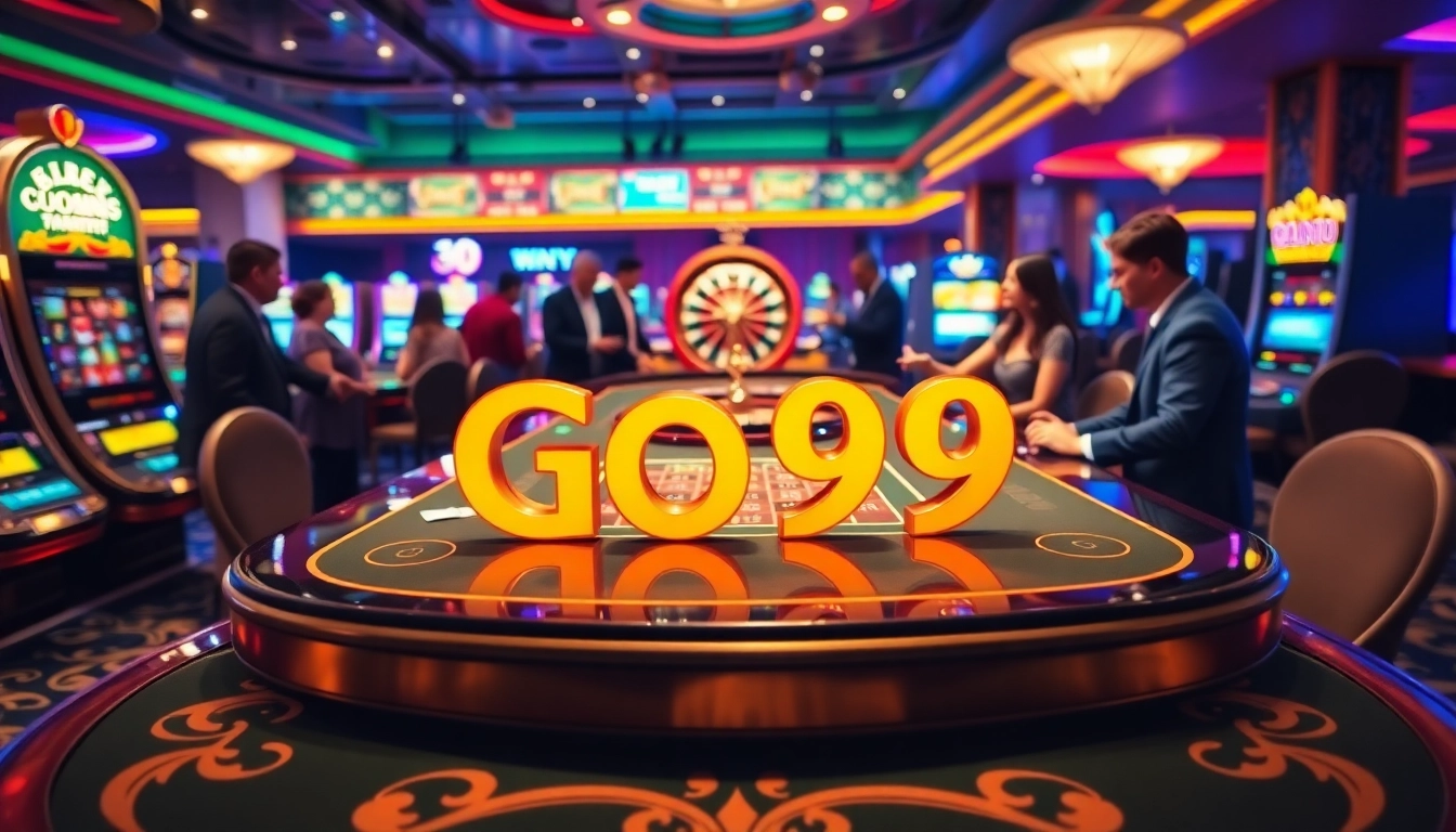 Experience excitement at Go99 casino with vibrant slot machines and a roulette wheel.