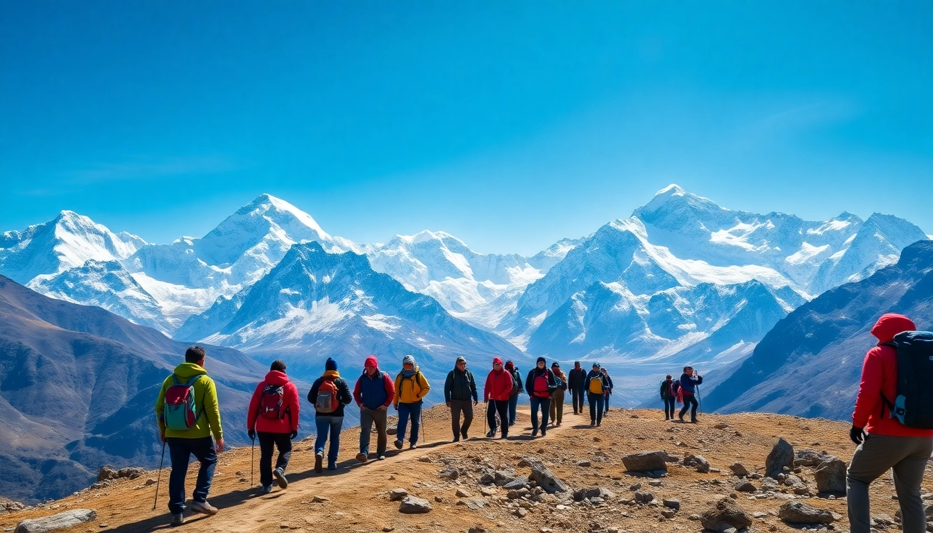 Trekkers on the Everest Base Camp Trek, with majestic peaks like Mount Everest in the background, reflecting adventure and beauty.