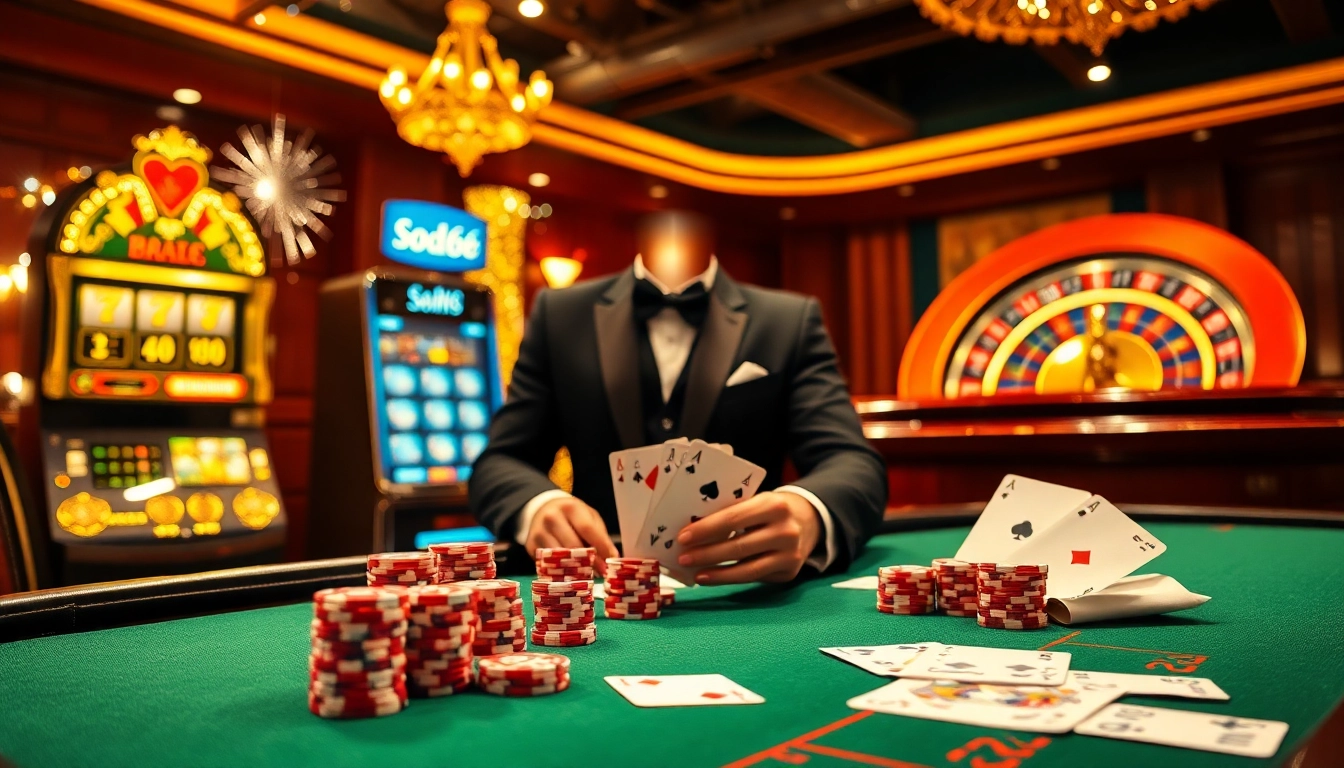 Sodo66 poker table with chips and cards in an elegant casino setting, highlighting luxury and excitement.