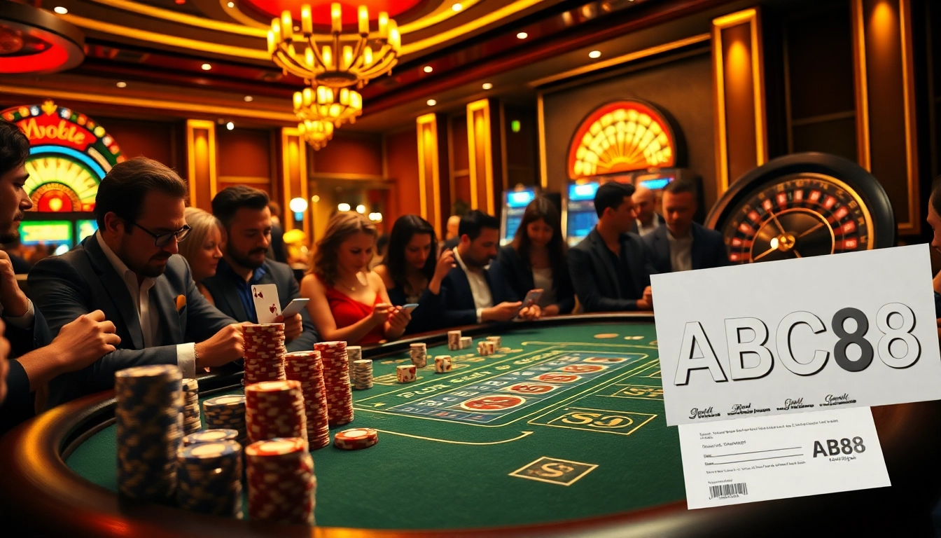 Excited players at a blackjack table in a lavish casino, featuring ABC8 branding.