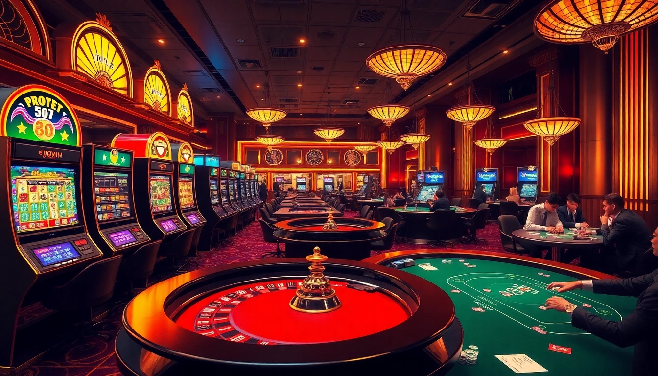 Experience the excitement of 789win with vibrant slot machines and competitive poker tables in a luxurious casino setting.