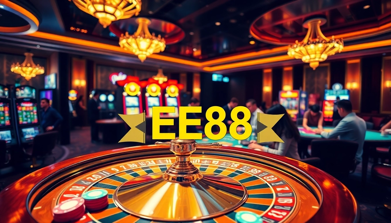 EE88 players enjoy a thrilling game at a vibrant casino table filled with poker chips.