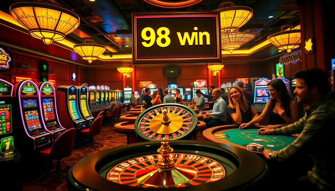 Experience the thrill of 98 win at a luxurious casino with roulette, slot machines, and excited players.