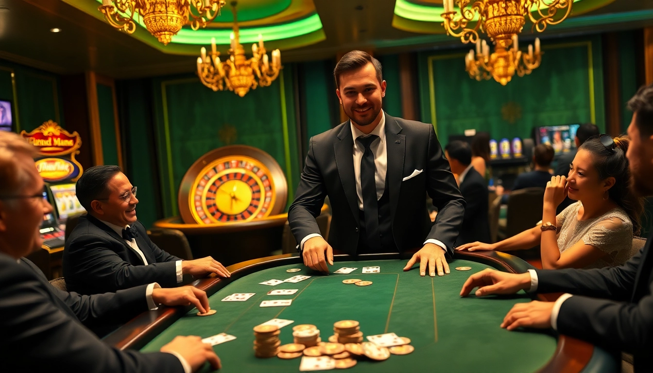 Engaging scene with KK55-themed poker table enhancing excitement in a luxurious casino.