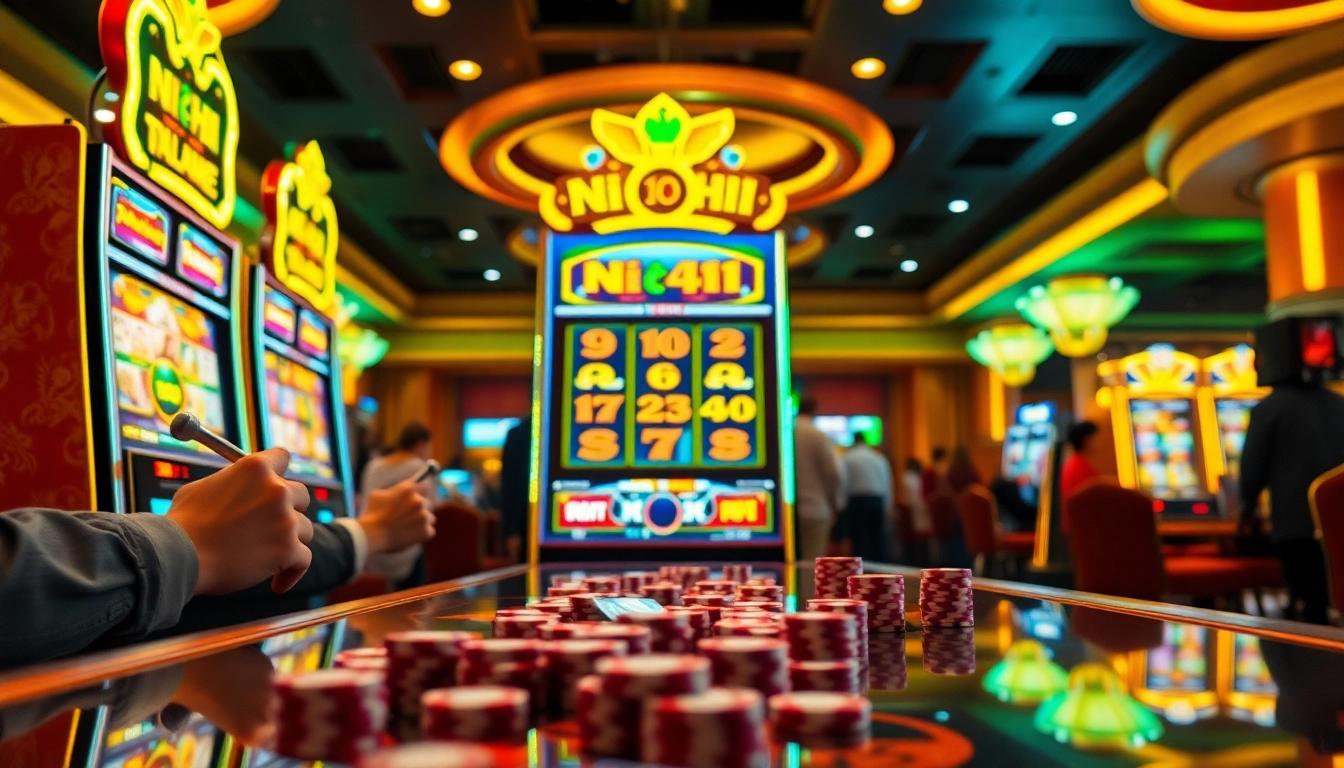 Exciting moment at the nổ hũ slot machine, players celebrating their wins with colorful casino elements.