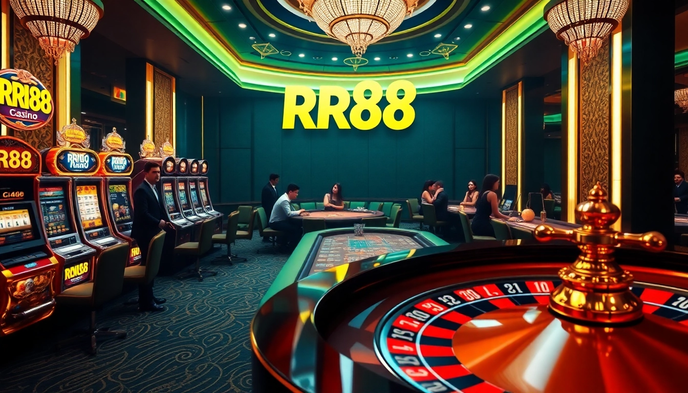RR88 casino scene featuring vibrant slot machines and a roulette table in an upscale environment.