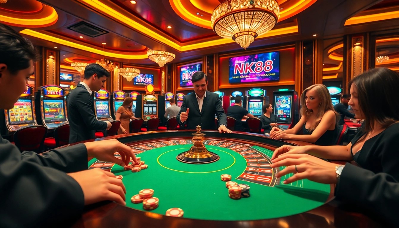 Experience the thrilling atmosphere of NK88 casino games with players and roulette action.