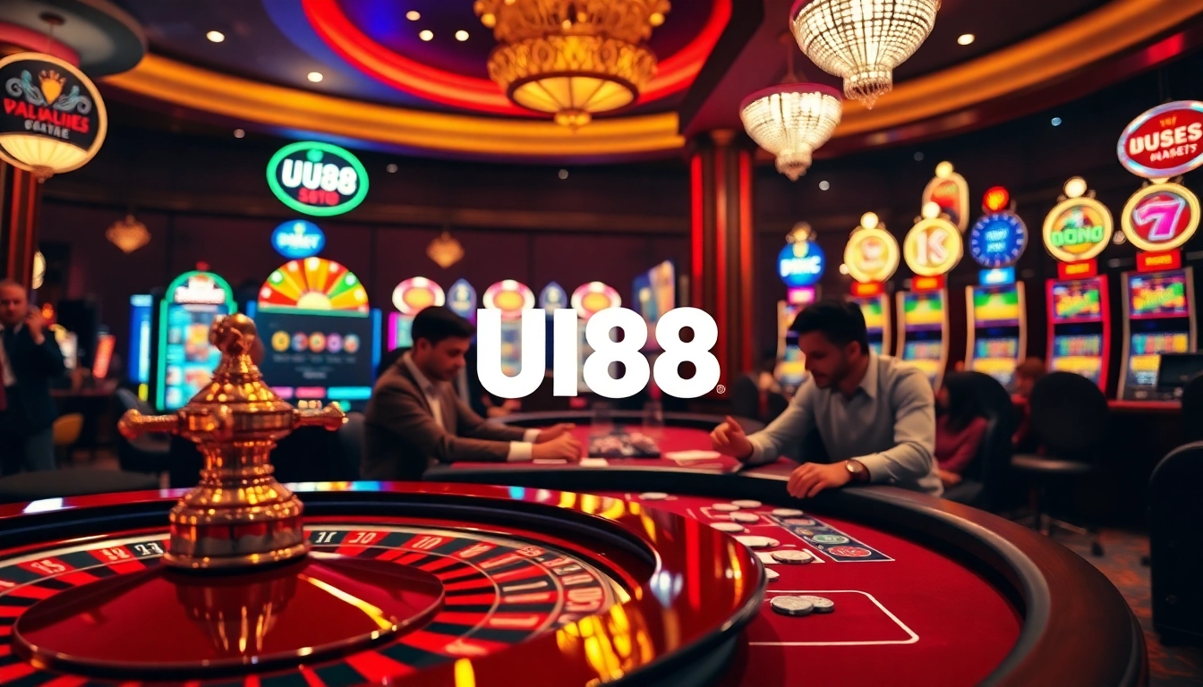Experience excitement at UU88 with a vibrant casino scene featuring players at roulette and slot machines.