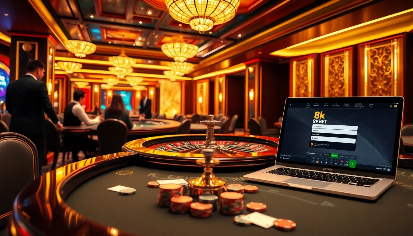 Experience the excitement of 8kbet đăng nhập at an upscale casino with engaging games and vibrant decor.
