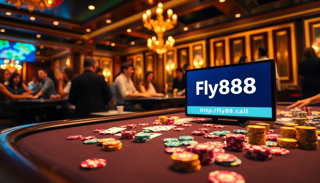 Engaging in exciting games at https://fly88.ad/, showcasing poker chips, cards, and a roulette wheel.