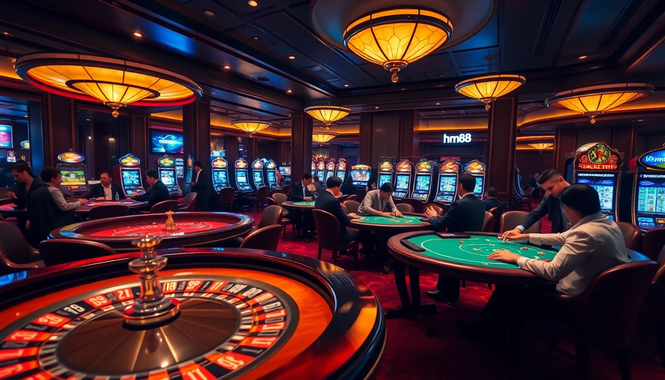 Experience the thrill of casino gaming at hm88 with players enjoying a luxurious roulette and poker scene.