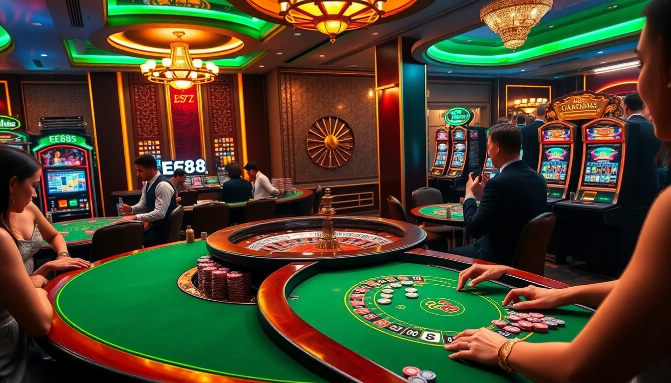 EE88 players enjoying a luxurious casino experience with poker chips and a roulette wheel.