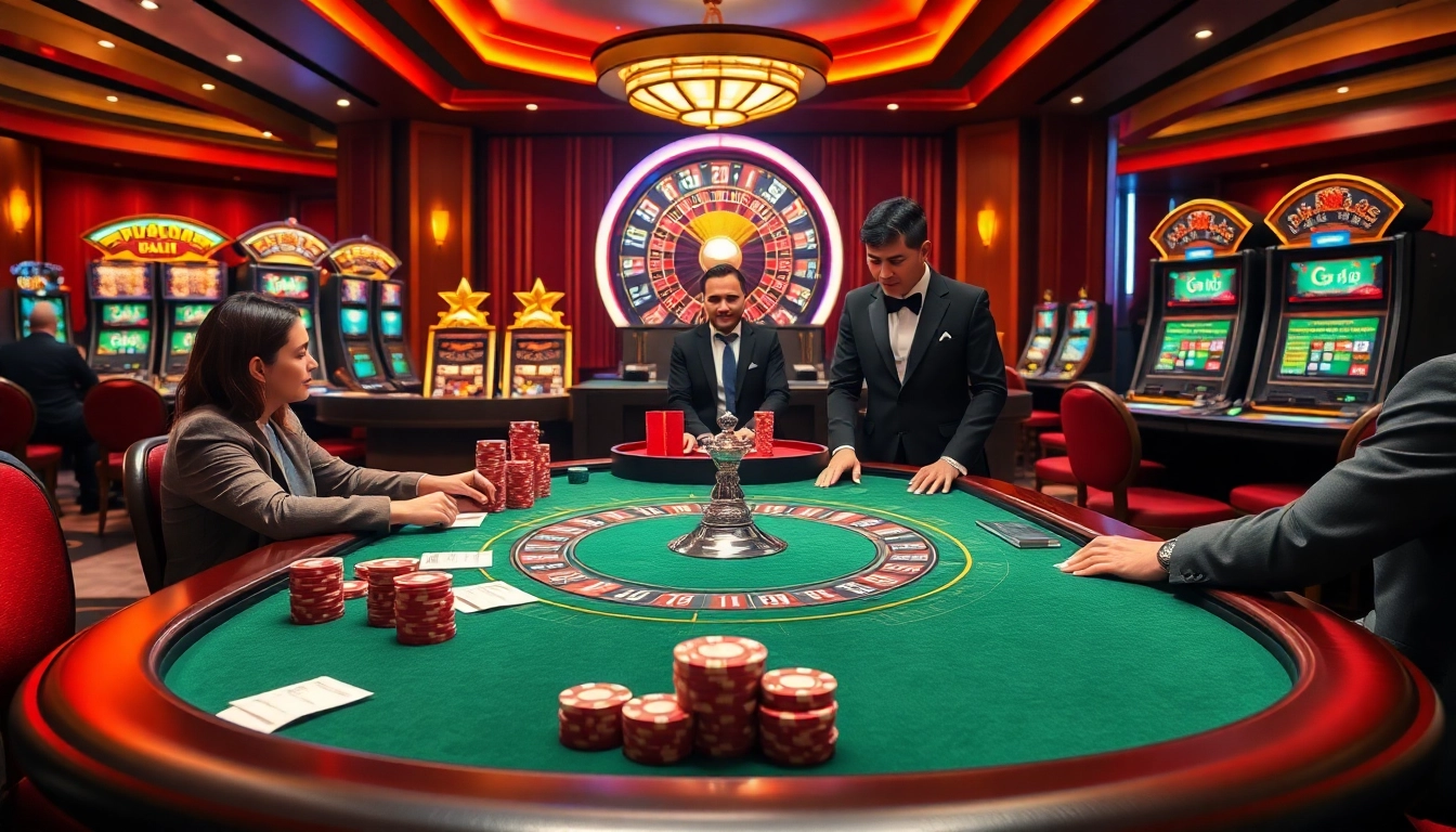 Exciting gambling action at 58win casino with poker and vibrant slot machines.