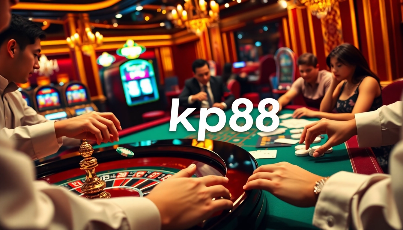 Engaged players in a thrilling kp88 casino game with vibrant chips and cards.