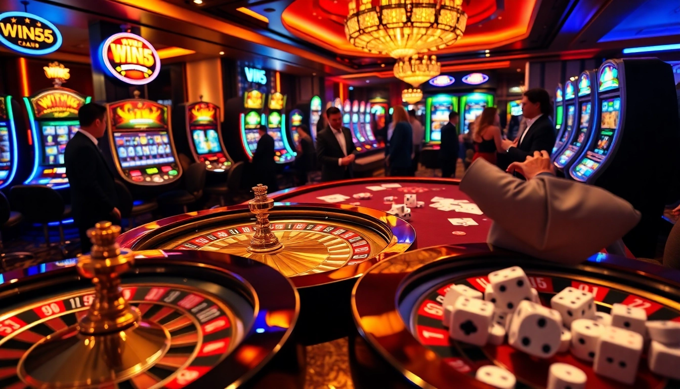 Experience high-stakes gaming excitement at win55 with vibrant casino tables and thrilling roulette.