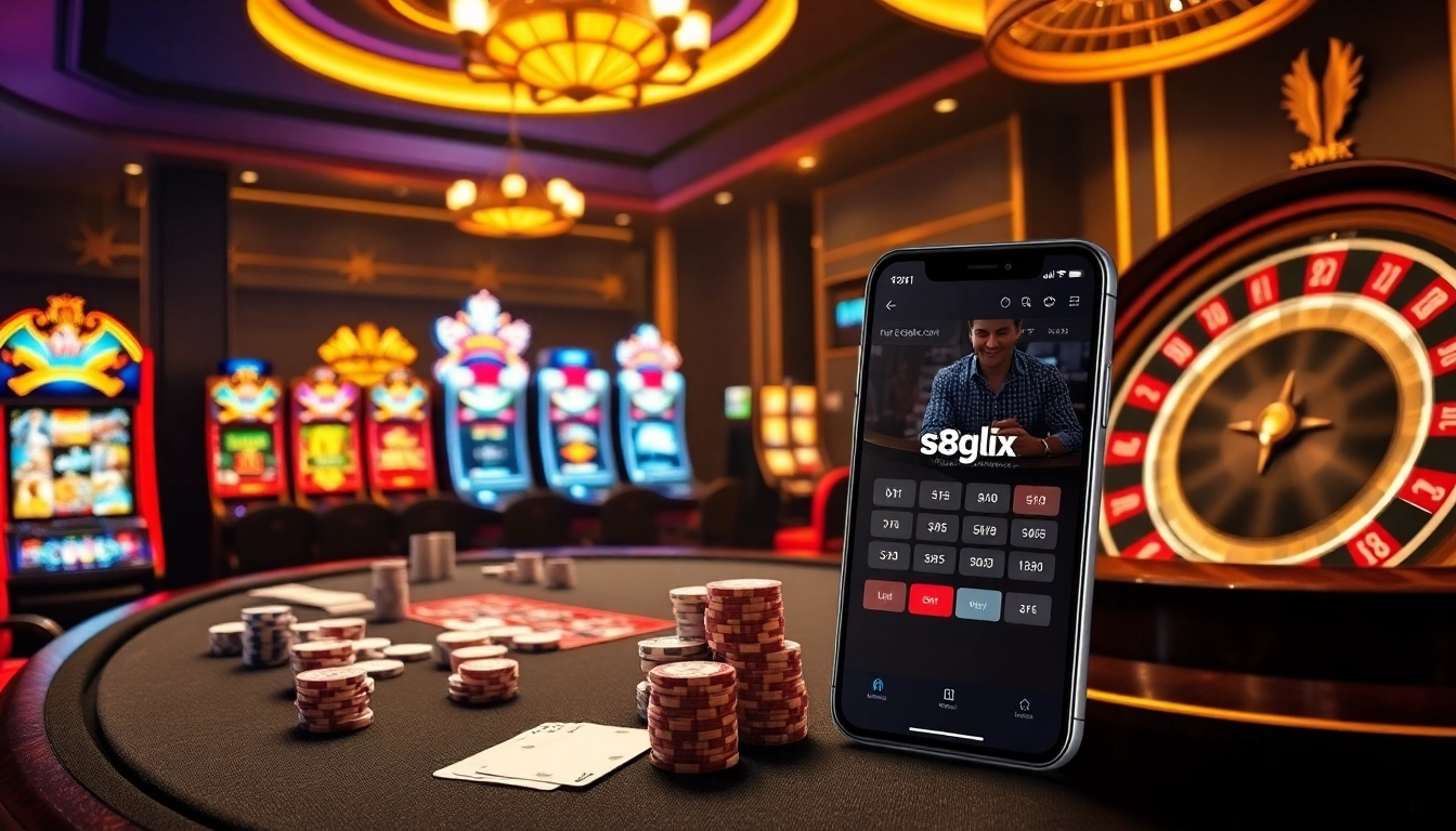 The exciting casino atmosphere at https://s8glx.com featuring poker tables, roulette wheels, and illuminated slot machines.