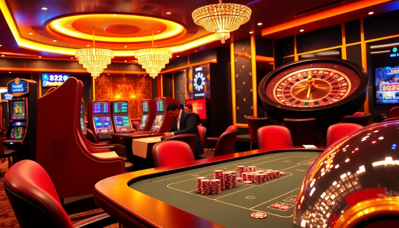 Experience an exciting gambling atmosphere at 32win with vibrant slot machines and poker tables.