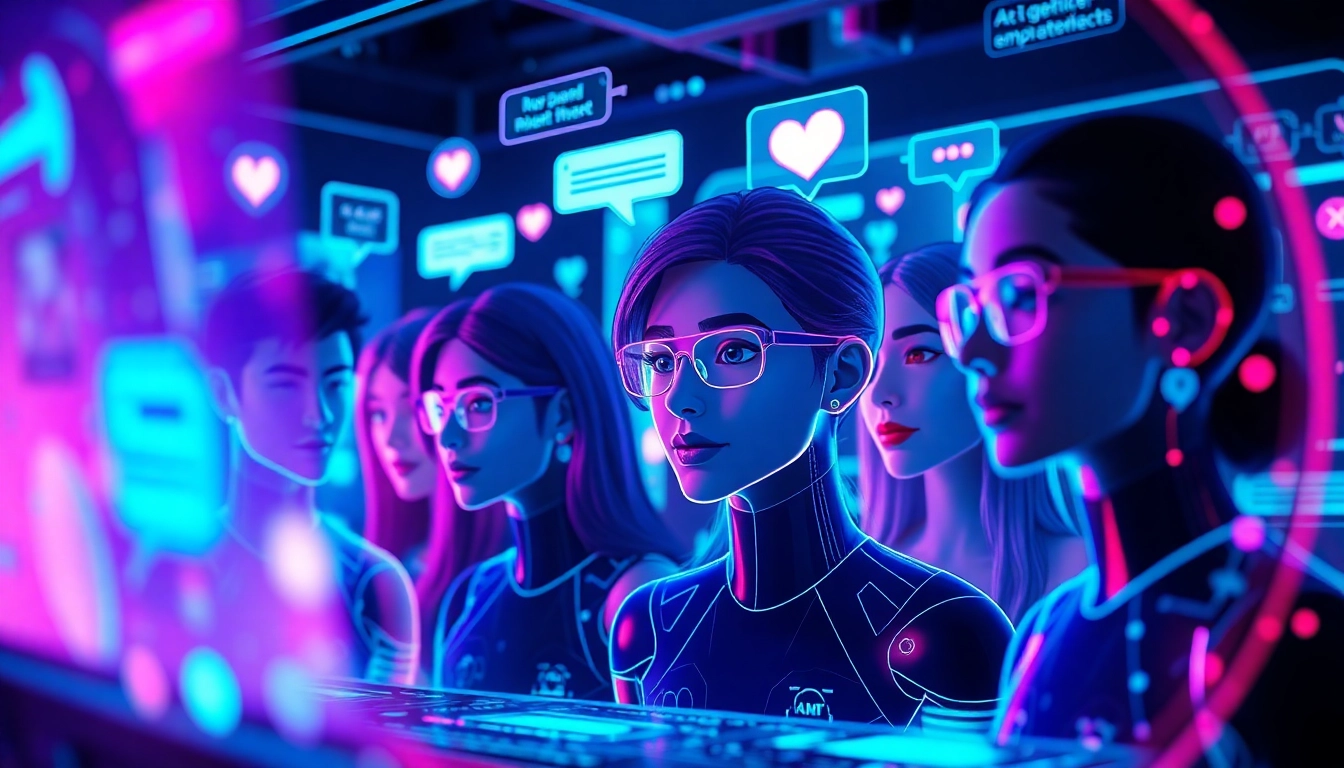 Explore interactive character AI NSFW experiences with vibrant avatars and holographic displays.