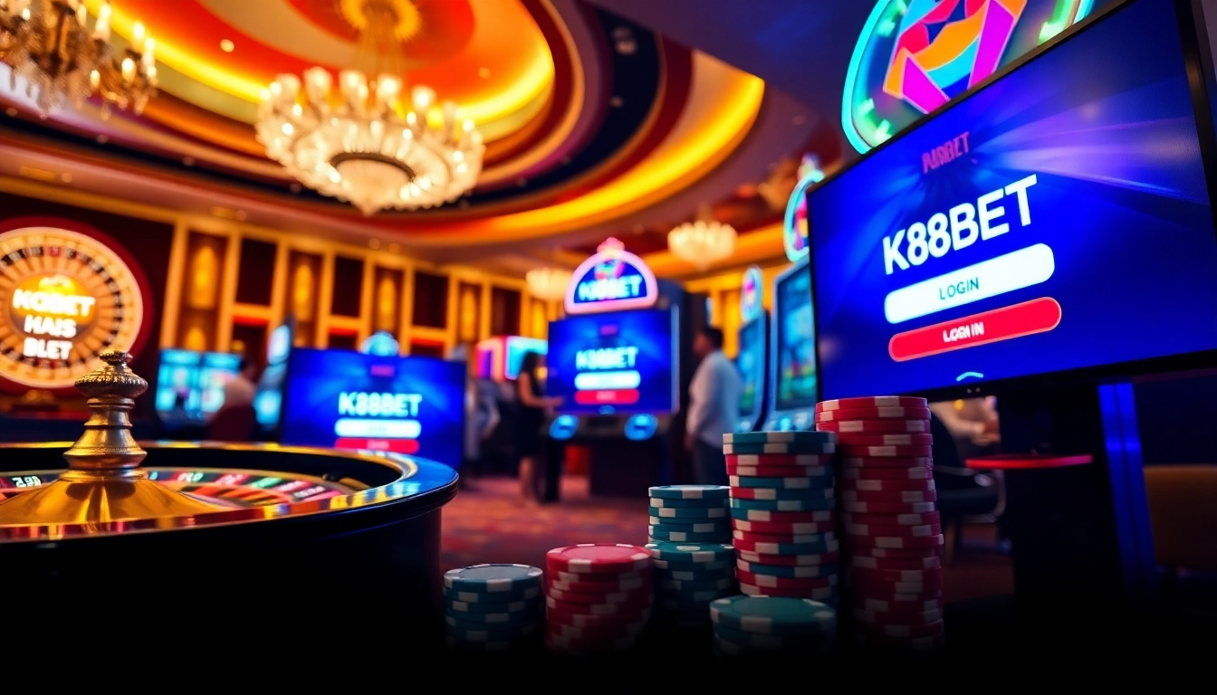 Engaging scene showing players logging in at K8BET casino with roulette and slot machines.