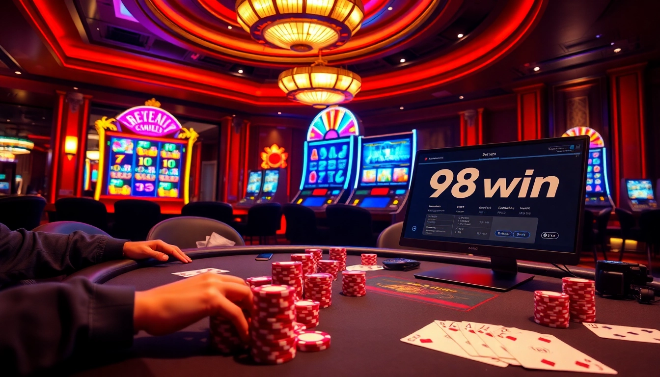 Players enjoying a high-stakes poker game at 98win's luxurious casino.