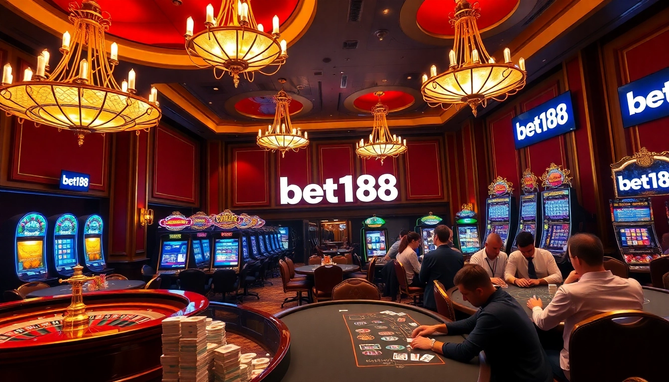 Experience the thrill of betting at bet168 with a vibrant casino scene featuring roulette and poker tables.