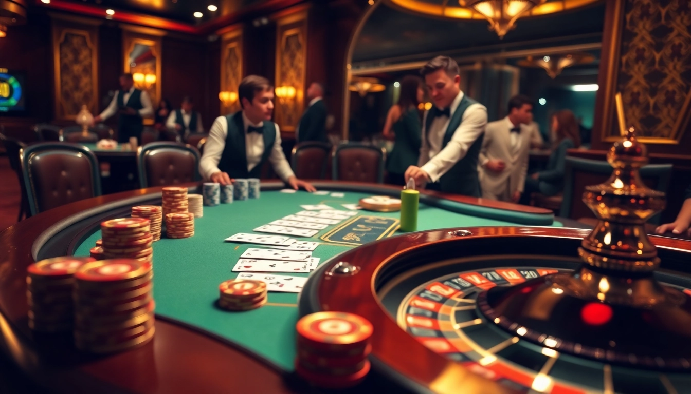 Trải nghiệm những khoảnh khắc cá cược đầy kịch tính cùng LUCK8、LUCKY8 trong một cảnh casino sang trọng có bàn poker.