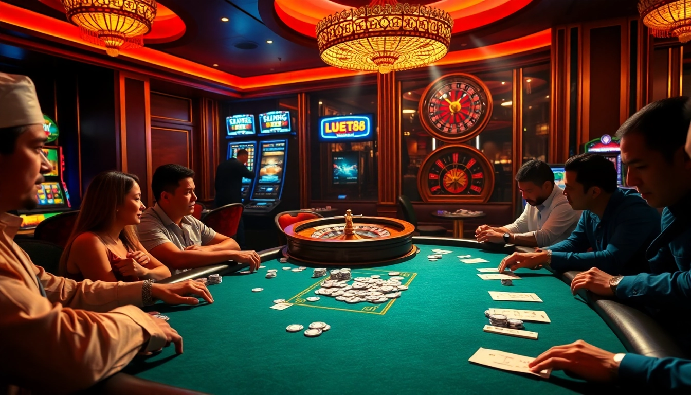Players enjoying a high-stakes poker game at nhà cái BET88 casino with vibrant lighting and rich decor.