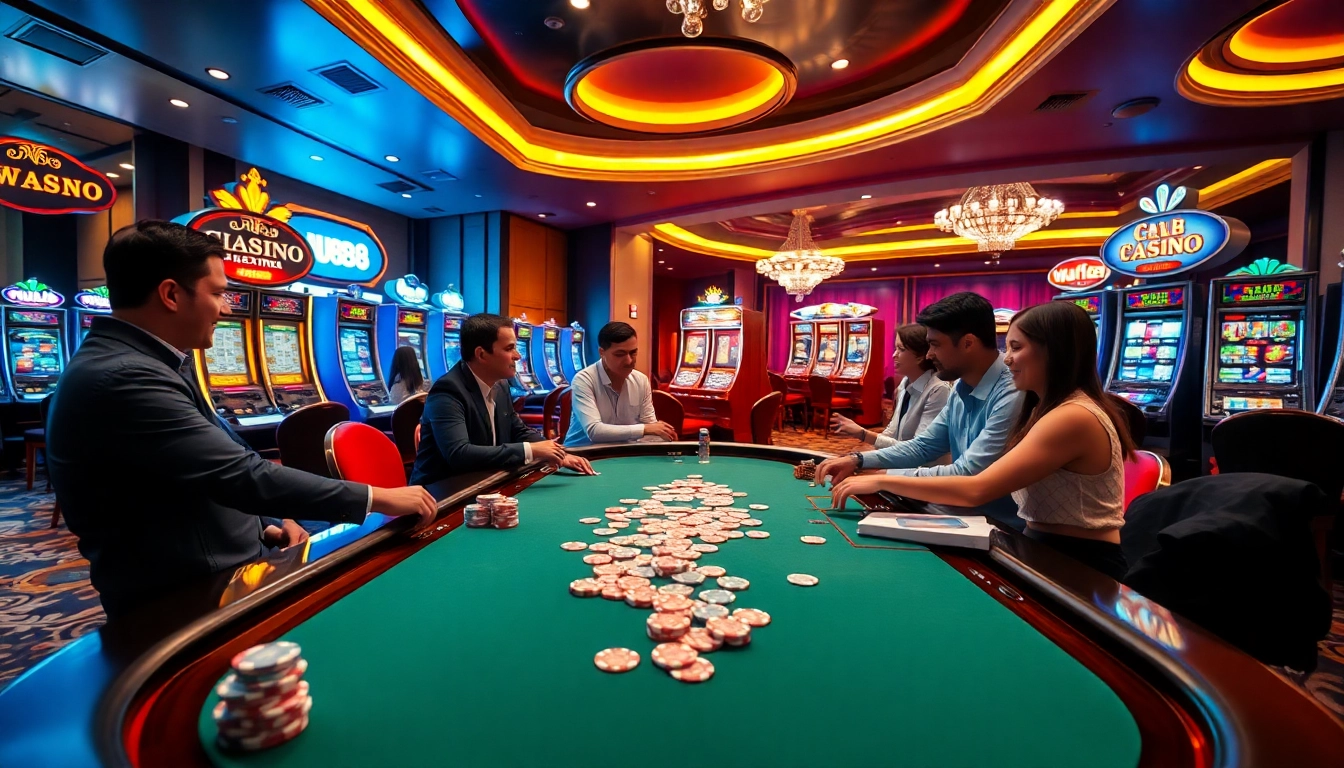 Experience the thrill of uu88 with players engaged in an exciting poker game at a vibrant casino table.