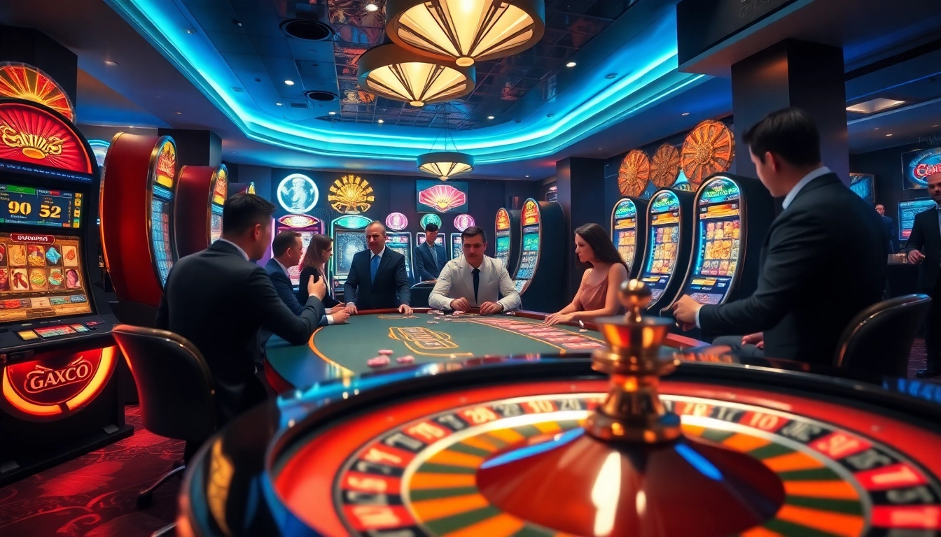 Experience the thrill of Luckywin with vibrant slot machines and an elegant poker table in a luxurious casino setting.