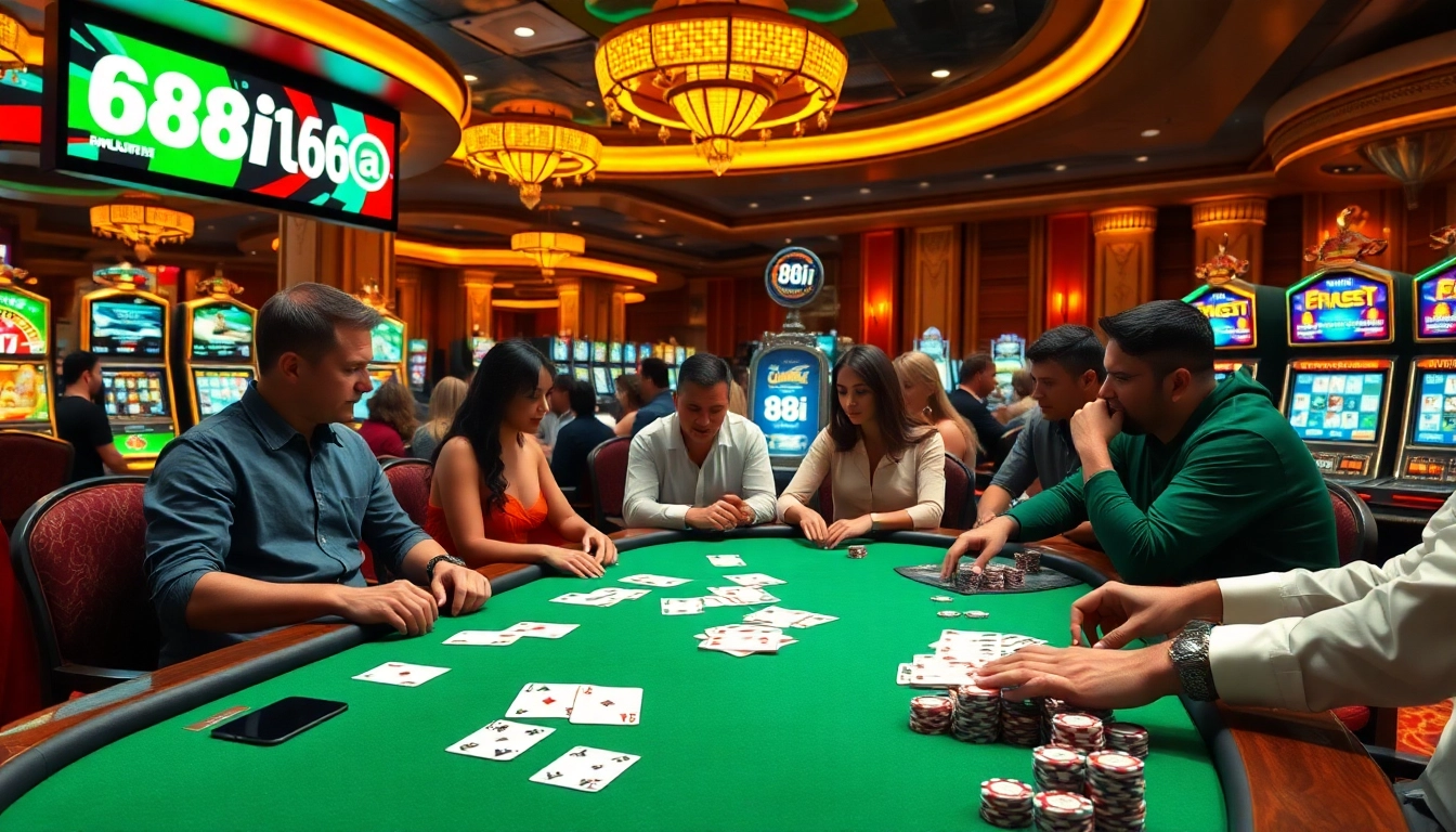 Excited gamblers at 88i casino playing poker and roulette in a luxurious setting.