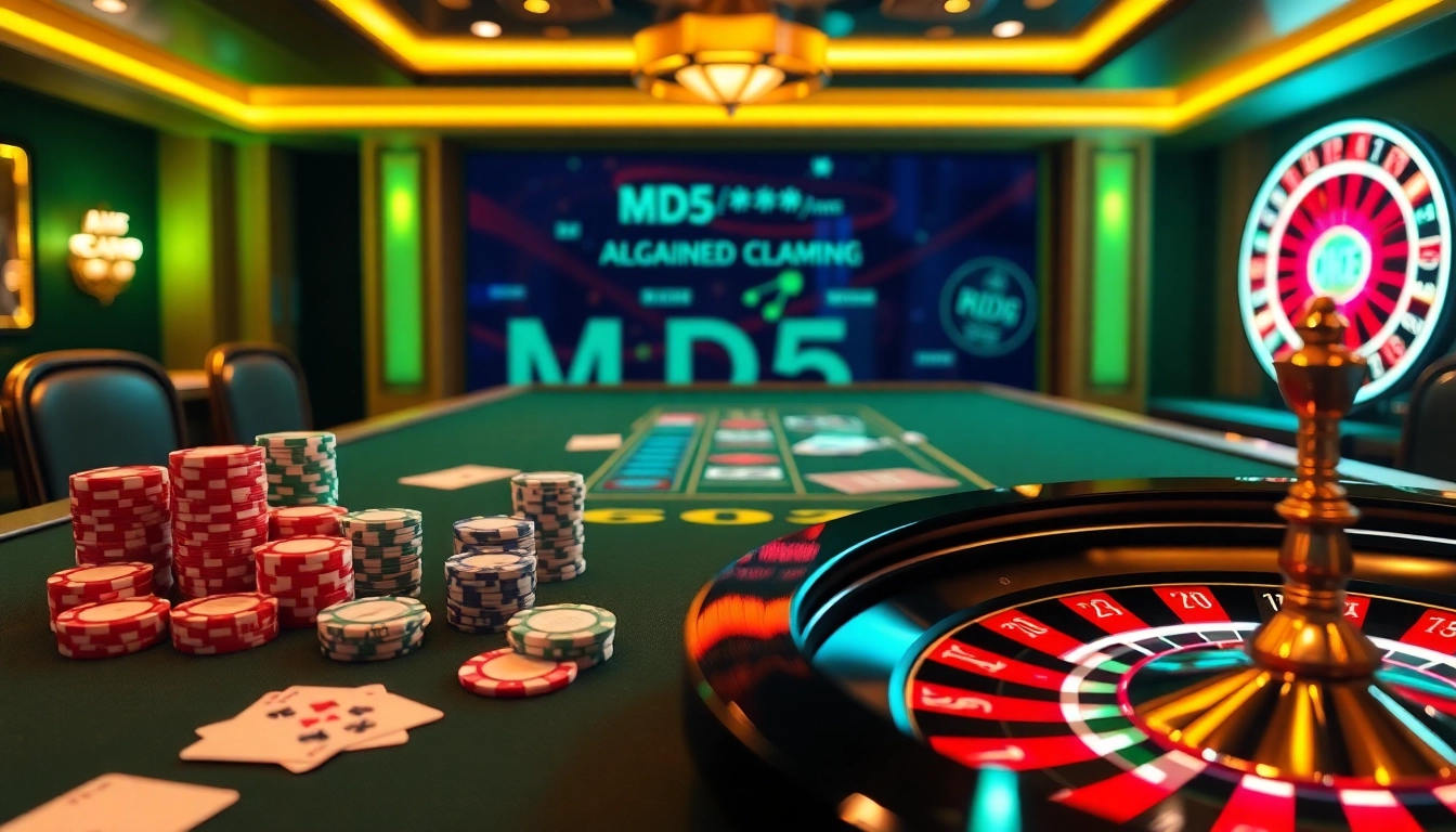 Experience thrilling gambling at https://taixiumd5.video/ with poker chips and a roulette wheel in an elegant casino setting.