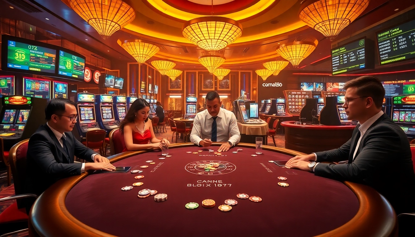 Exciting scene at cm88 nhà cái showcasing high-stakes poker with professional players and vibrant casino elements.