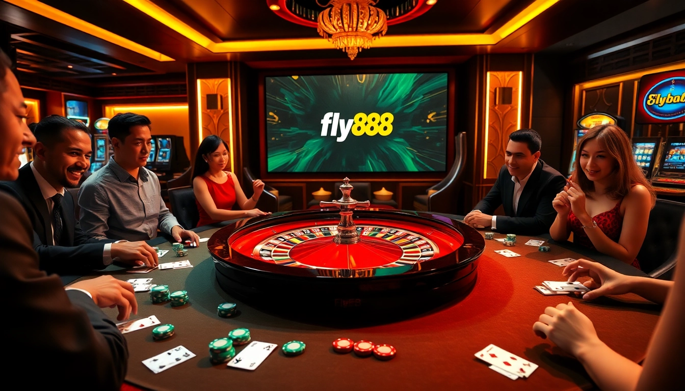 Players enjoy an exciting game at fly88-themed roulette table with poker chips and cards.
