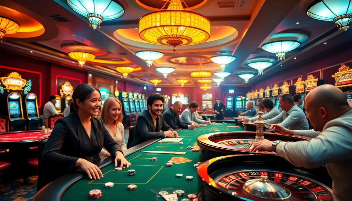 Experience the excitement of Rikvip with players at vibrant casino tables, showcasing thrilling gambling action.
