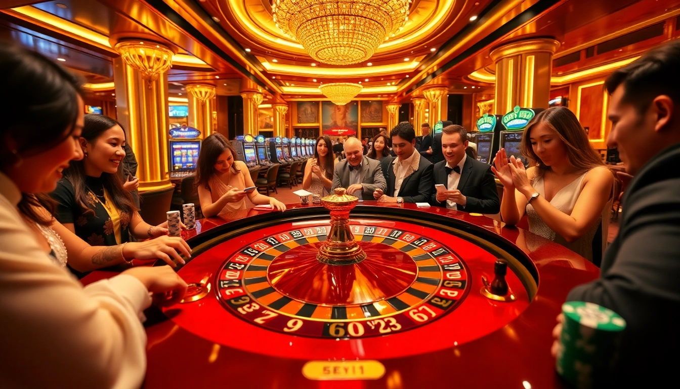 Gamblers enjoying a thrilling game at a luxurious table showcasing luckywin888 elements.