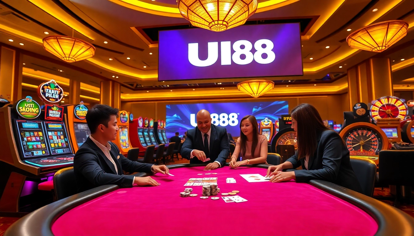 Experience the thrill of UU88 at a vibrant casino scene with players enjoying high-stakes action.