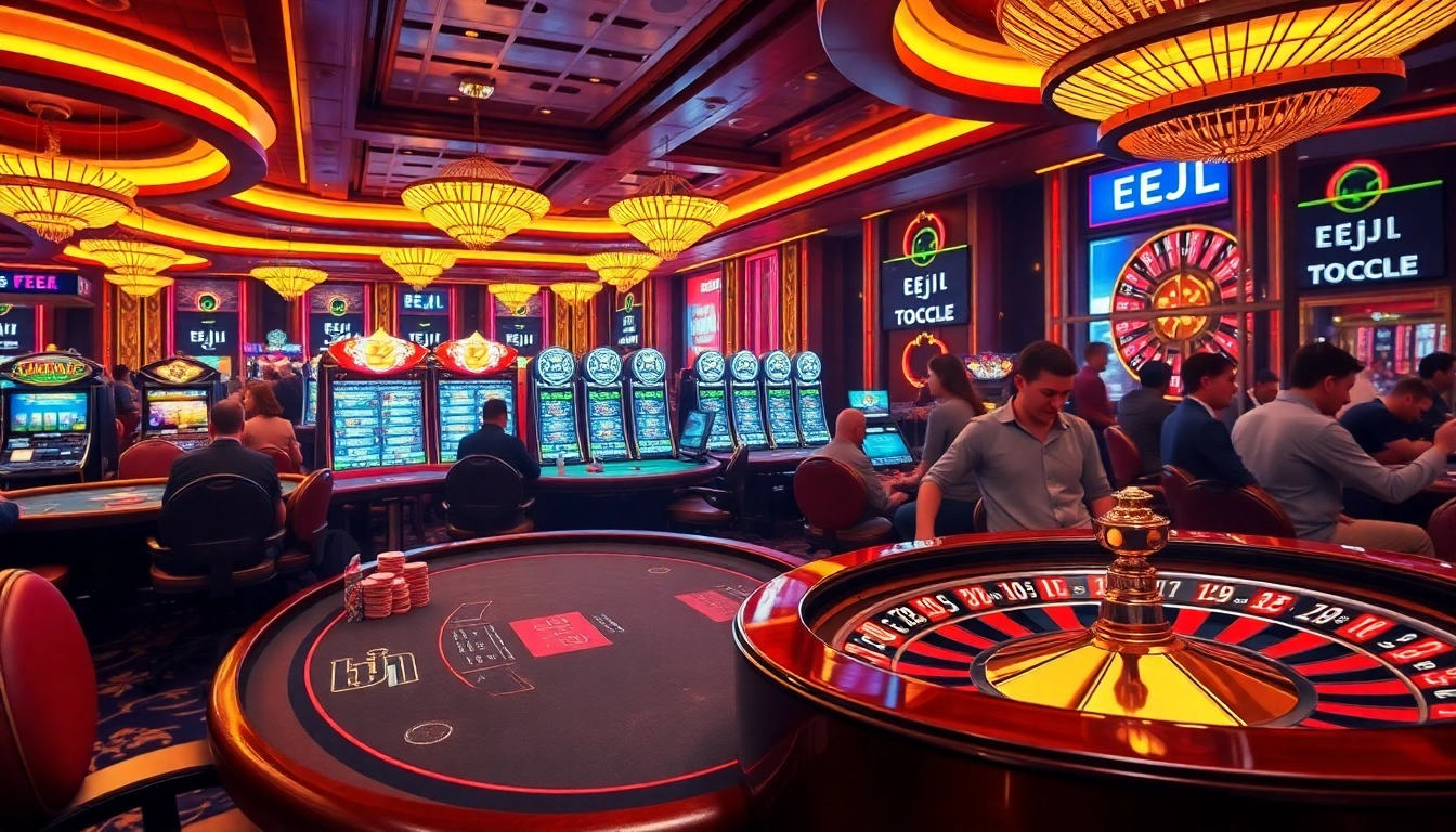 EEJL casino scene showcasing vibrant gaming floor with poker table and colorful slot machines.