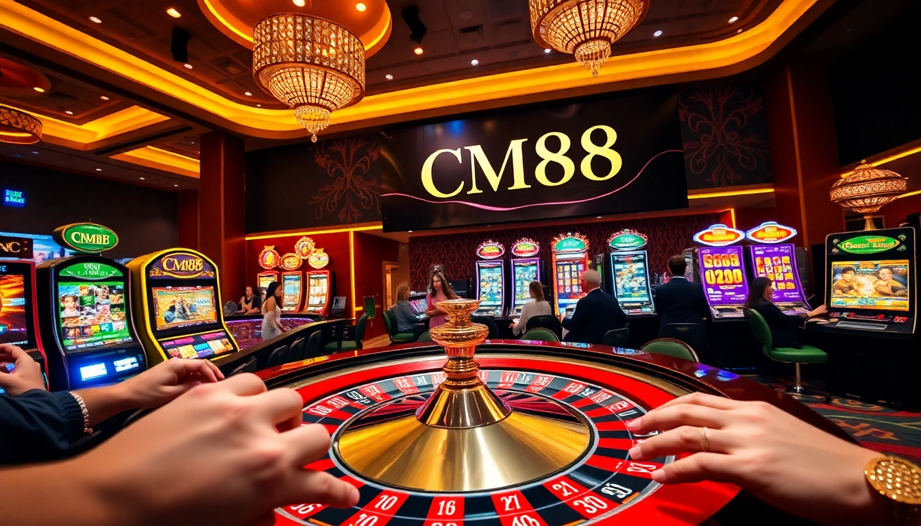 Engage with thrilling casino action featuring CM88 amid poker chips and a roulette table.