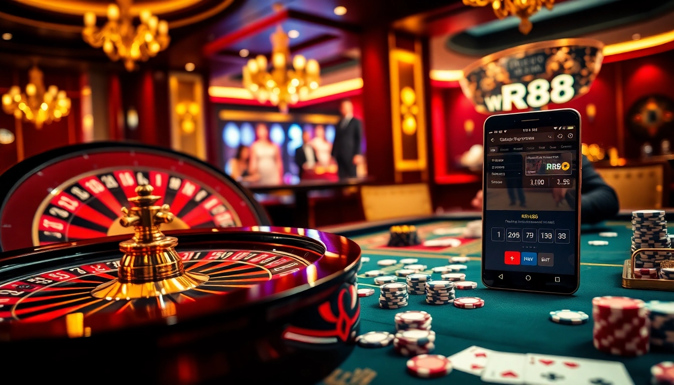 Pro gamblers enjoying RR88 casino games, with poker chips and roulette wheel in a luxurious setting.