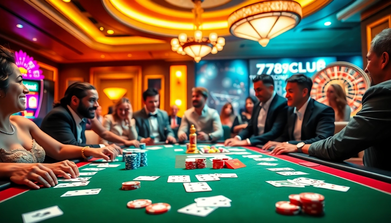 A thrilling gaming experience at 789CLUB with vibrant tables, excited players, and luxurious casino elements.