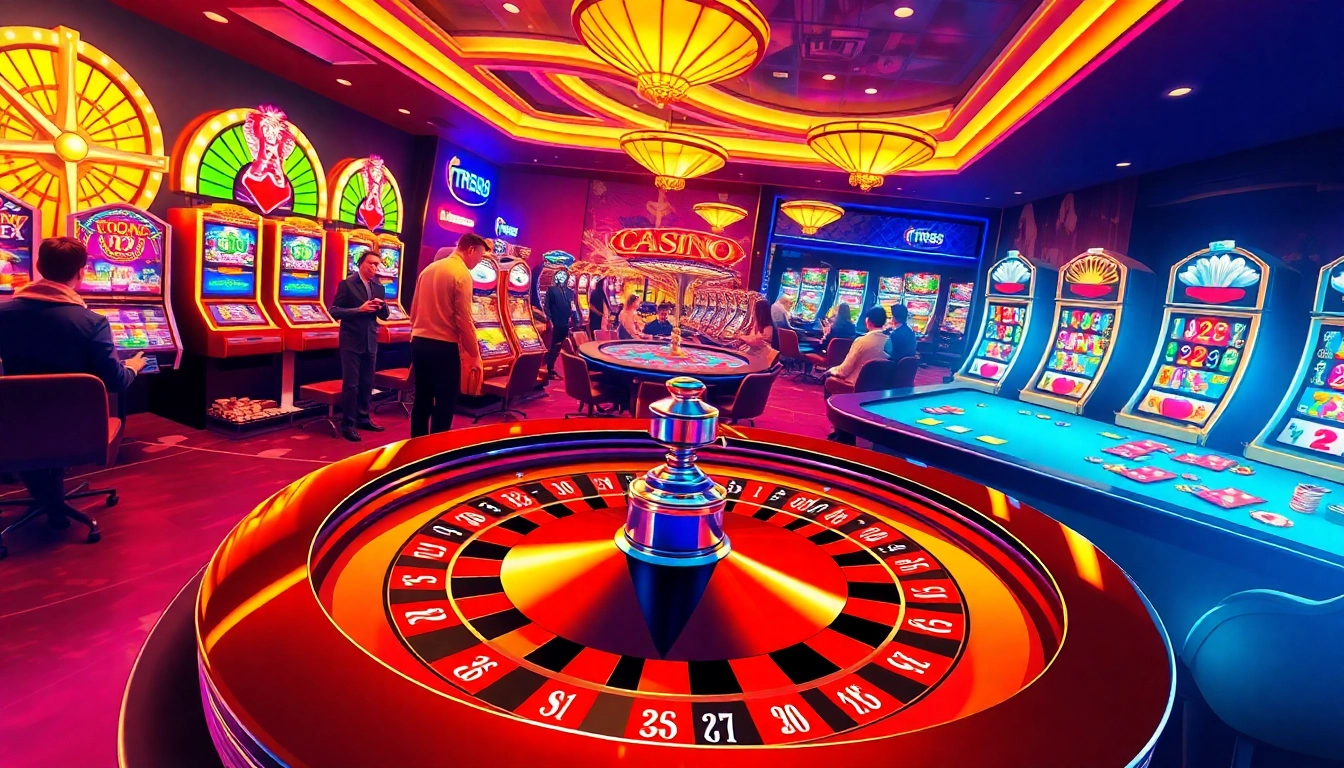 Players enjoying the excitement at TR88, featuring roulette and poker tables with vibrant graphics.