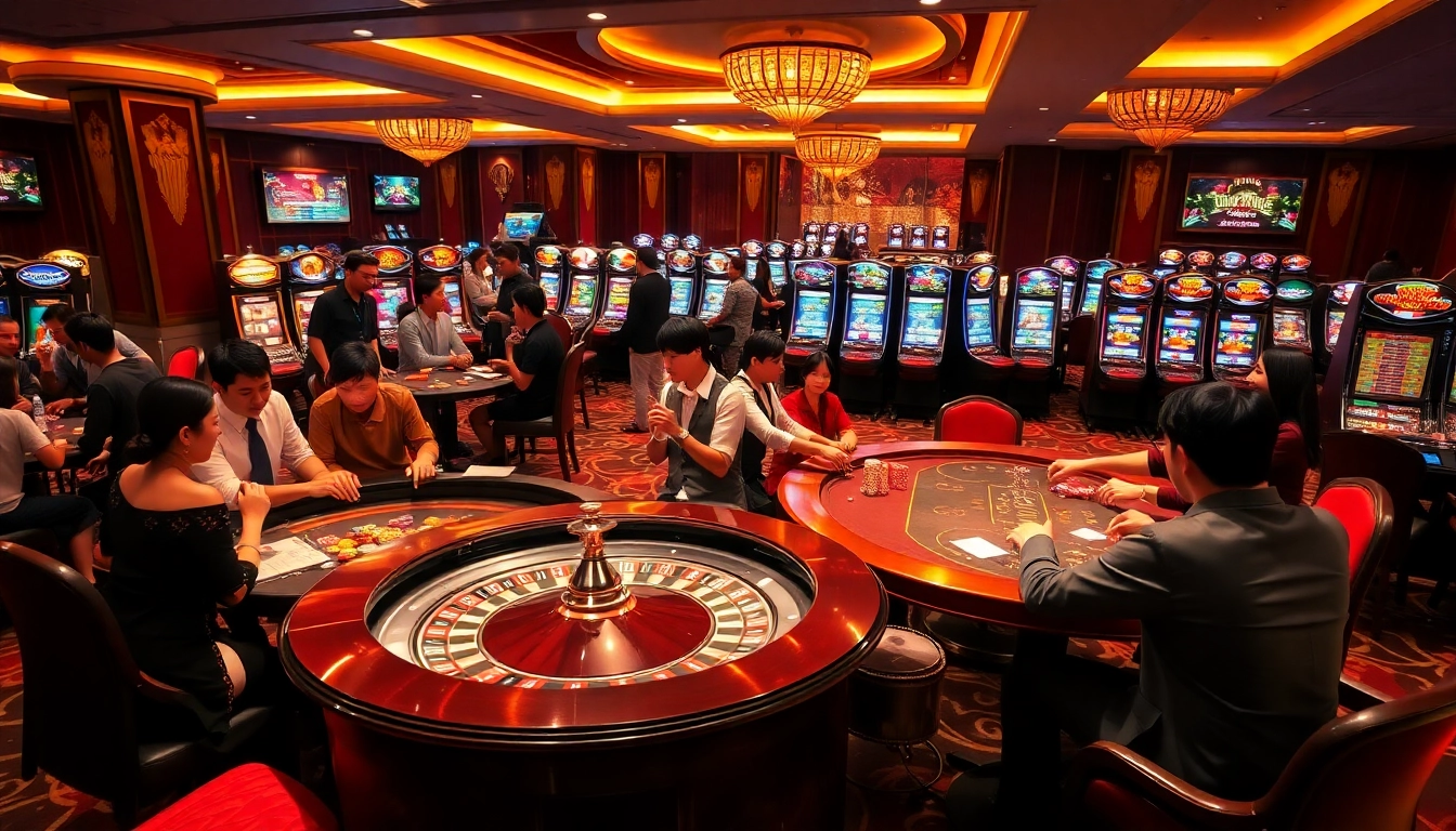 Players celebrating their wins at LIÊN MINH KJC casino with vibrant roulette and poker tables.