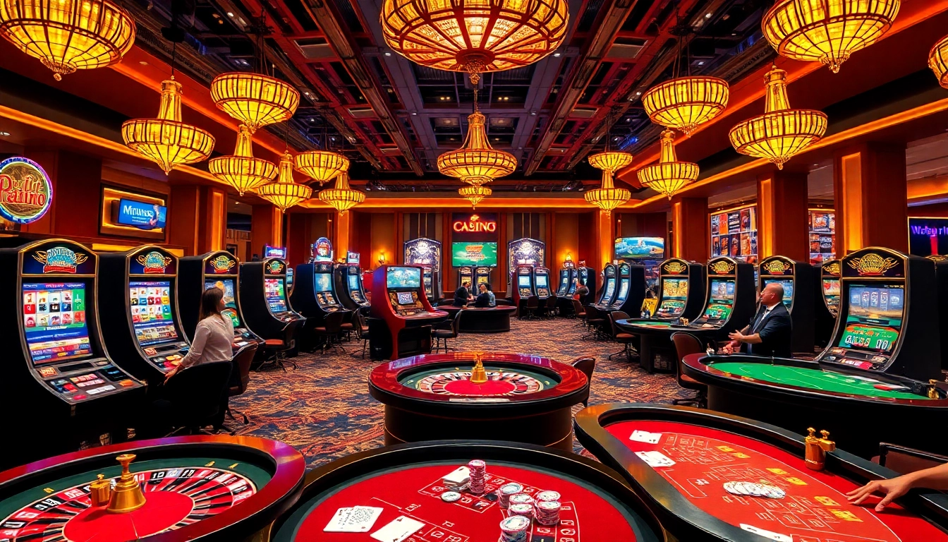 Homepage of a luxurious casino featuring vibrant tables, slot machines, and excited players.
