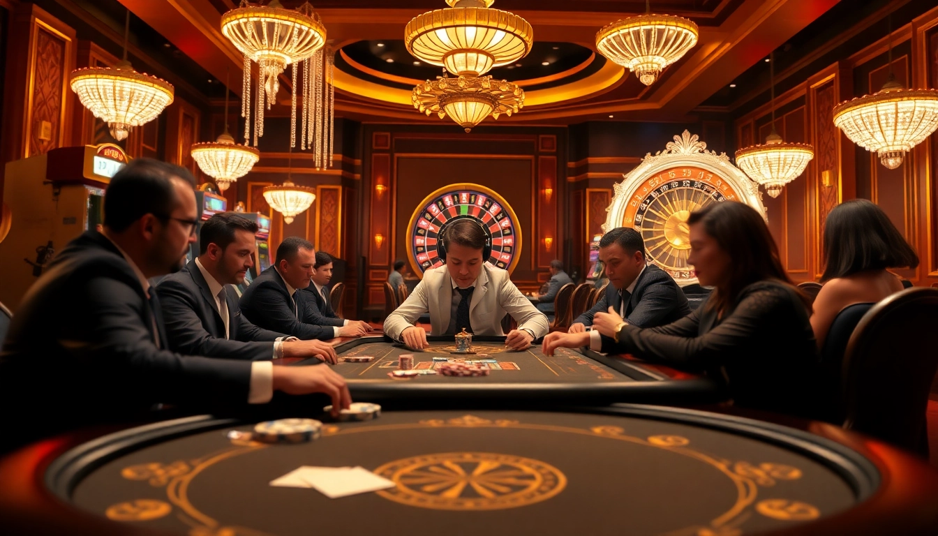 Players enjoying intense poker action at 98WIN's luxurious casino environment.