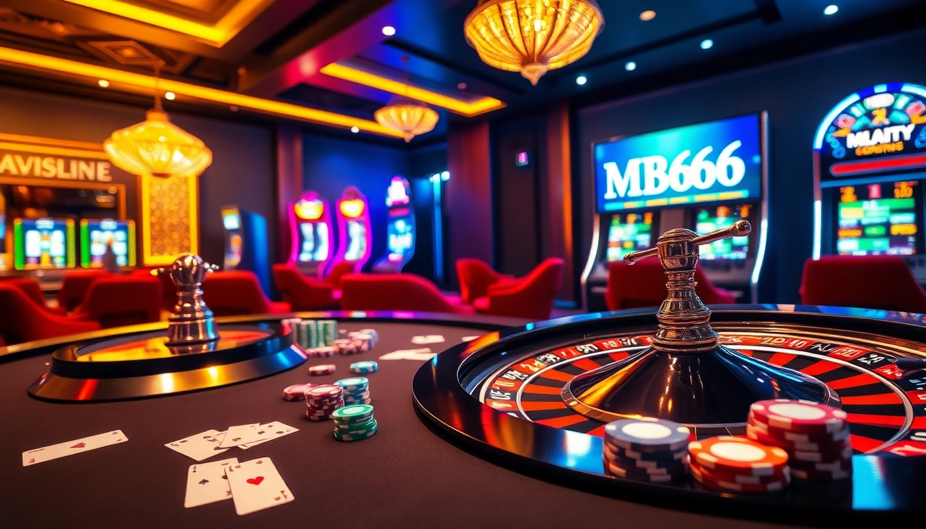 Experience the thrill of MB66 at a luxurious casino table filled with vibrant poker chips and cards.