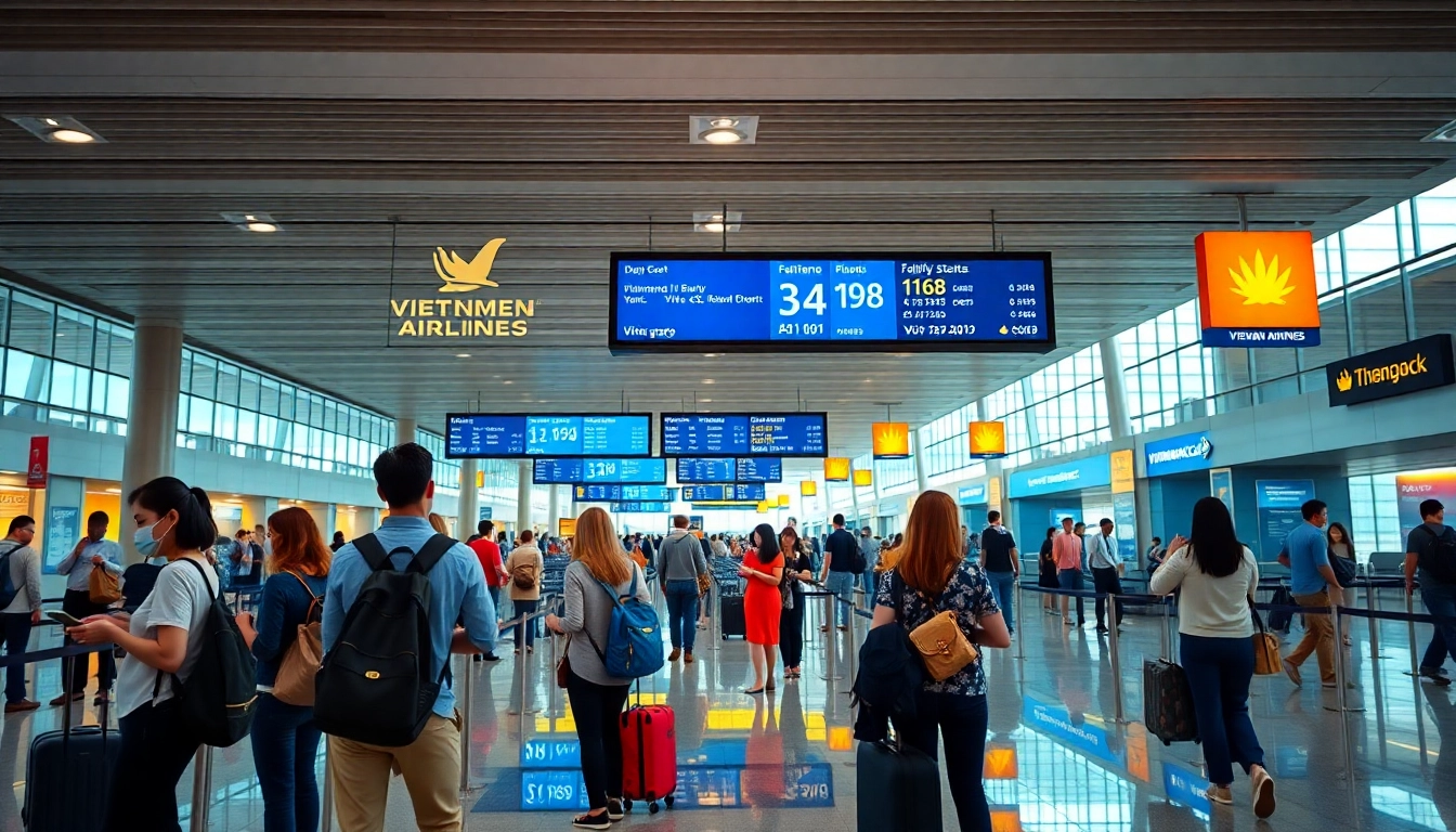 Engaging airport scene highlighting Vietnam Airlines VN168 flight status with friendly staff assisting travelers.